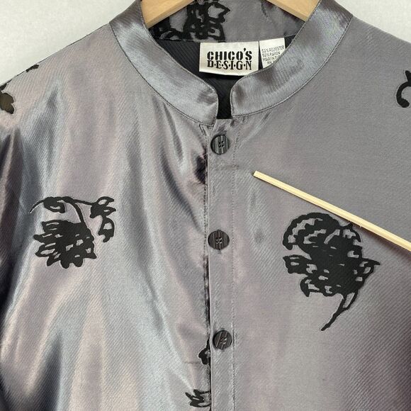 CHICO'S DESIGN Tunic 3 XL/16 Floral Jacquard Jacket Mandarin Button Front Gray - Picture 13 of 16